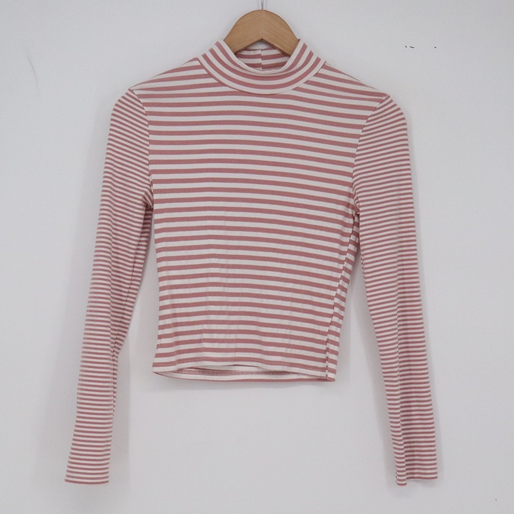 Unbranded Top Womens M Mock Neck Pink Striped Ribbed Knit Long Sleeve Excellent